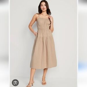 Sleeveless Beige Midi Dress with Smocked Waist 100% Coton